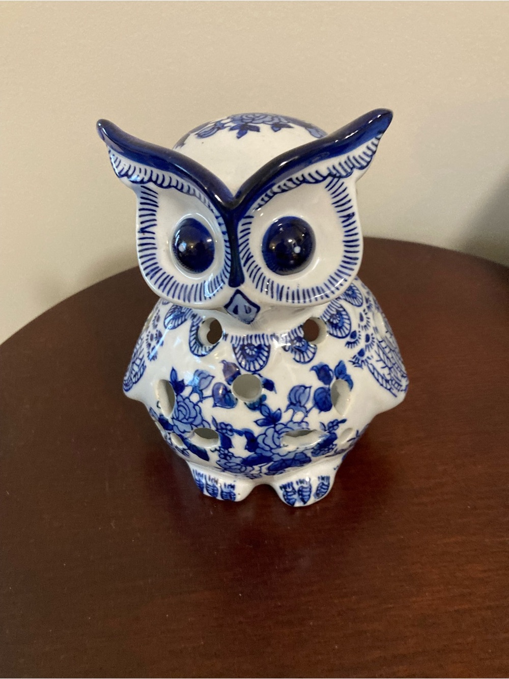 Blue and White Ceramic Owl Candle Holder